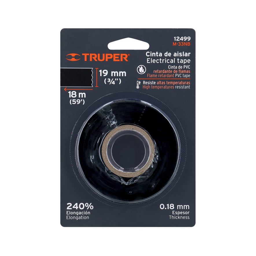Cinta de aislar de 18 m x 19 mm, negra en blíster, Truper Caja con 8, 12499