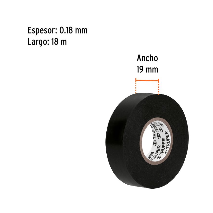 Cinta de aislar de 18 m x 19 mm, negra en blíster, Truper Caja con 8, 12499
