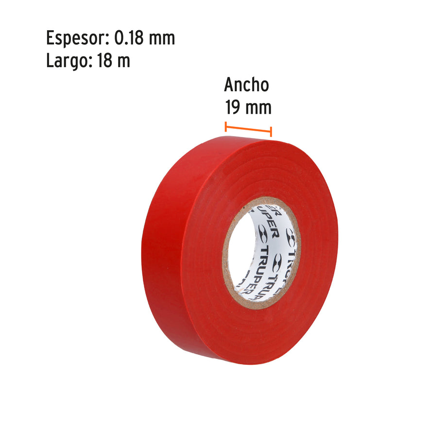 Cinta de aislar de 18 m x 19 mm, roja, Truper Caja con 8, 12504