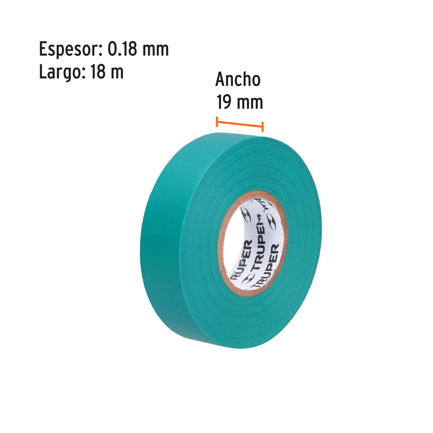 Cinta de aislar de 18 m x 19 mm, verde, Truper Caja con 8, 12502