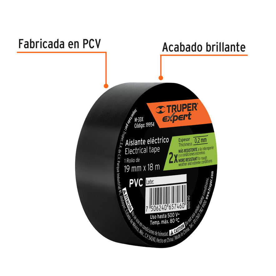 Cinta de aislar 19mm x 18m Truper Expert Caja con 8, 19954