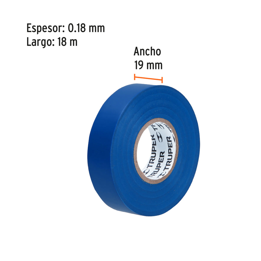 Cinta de aislar de 18 m x 19 mm, azul, Truper Caja con 8, 12505