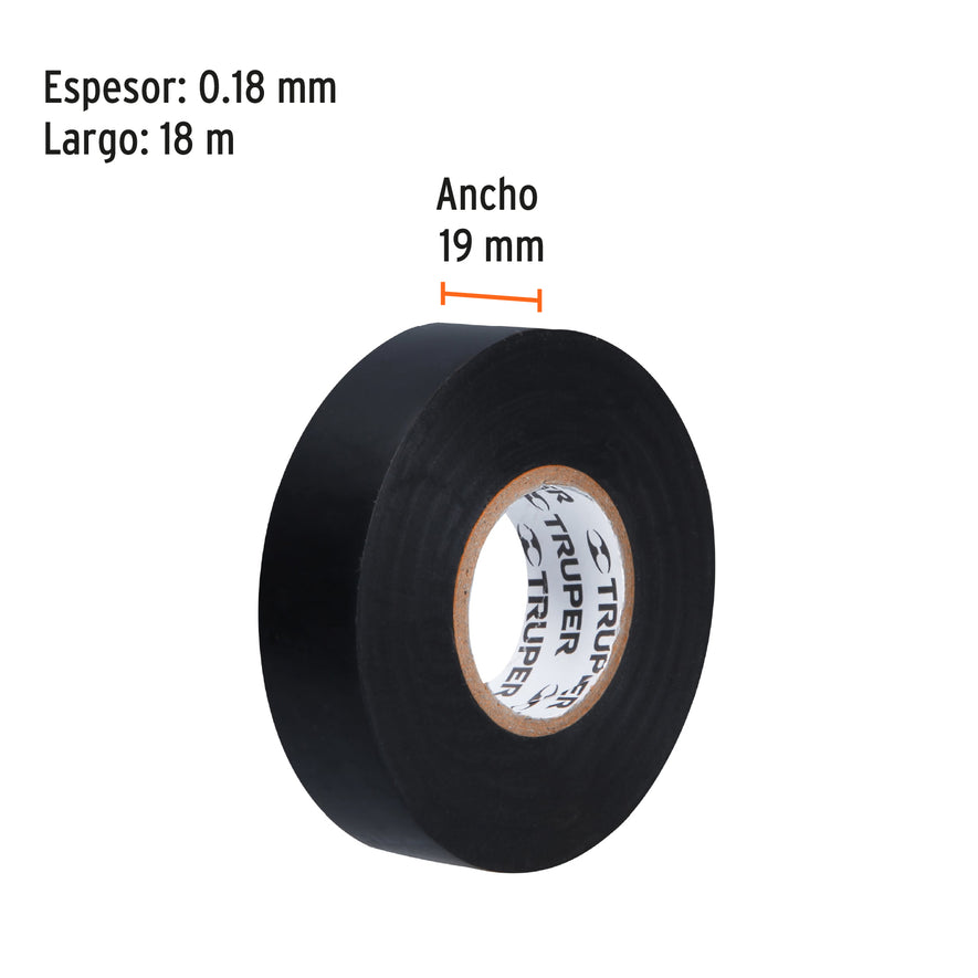 Cinta de aislar de 18 m x 19 mm, negra, Truper Caja con 48, 12500