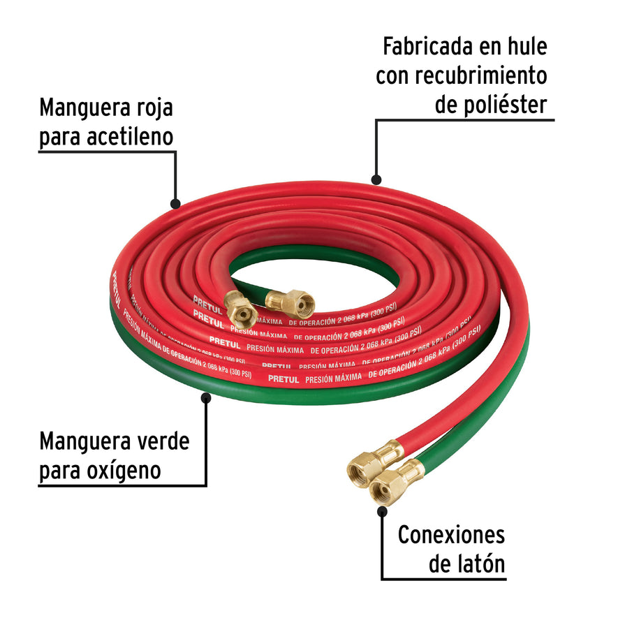 Manguera cuata reforzada de 4.5 m para oxiacetileno, Pretul, 28301
