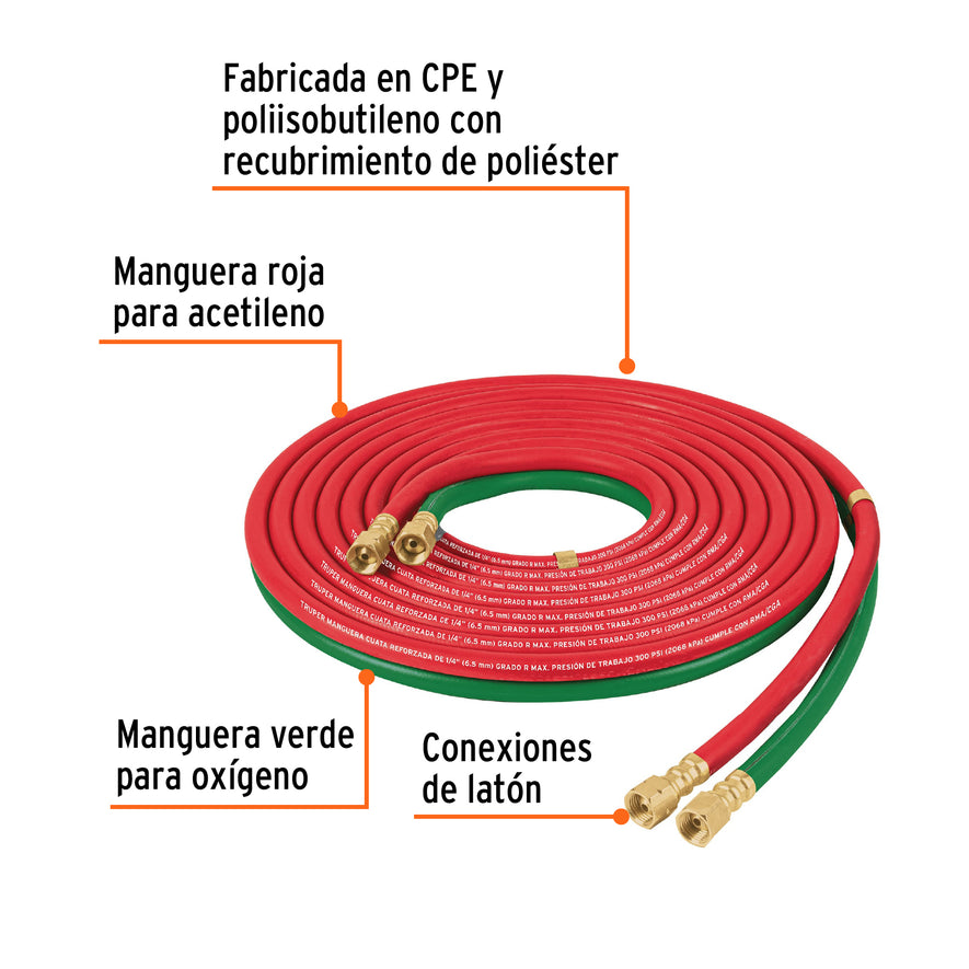 Manguera cuata reforzada de 6 m para oxiacetileno, Truper, 103297
