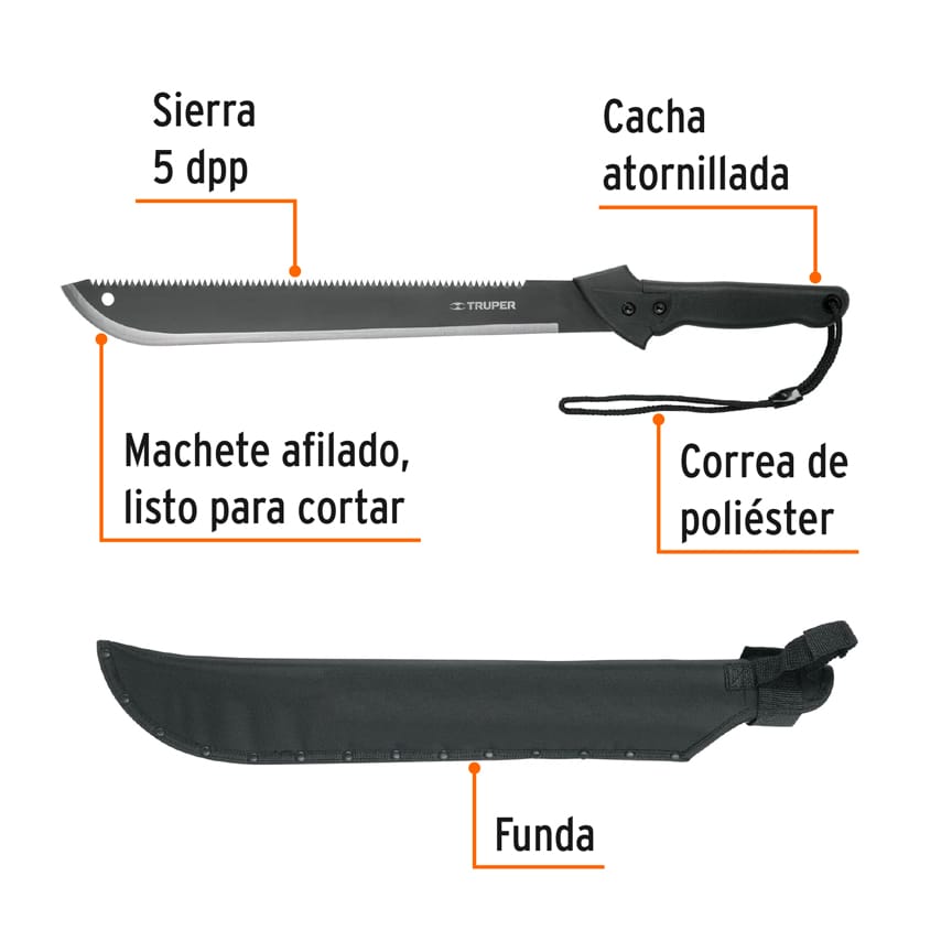 Machete doble filo 18', cacha inyectada, con funda, TRUPER Caja con 3, 13098