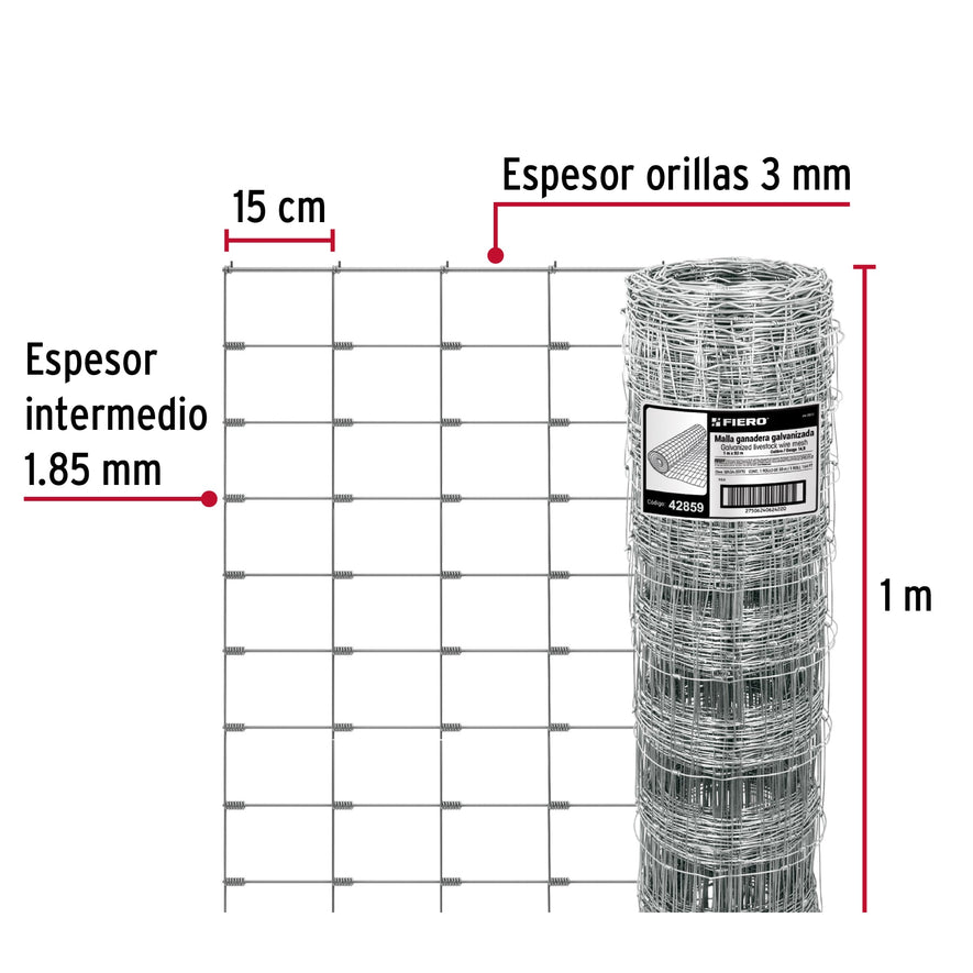 Rollo malla borreguera, 1m x 50m acero galvanizado, 23kg, 42859