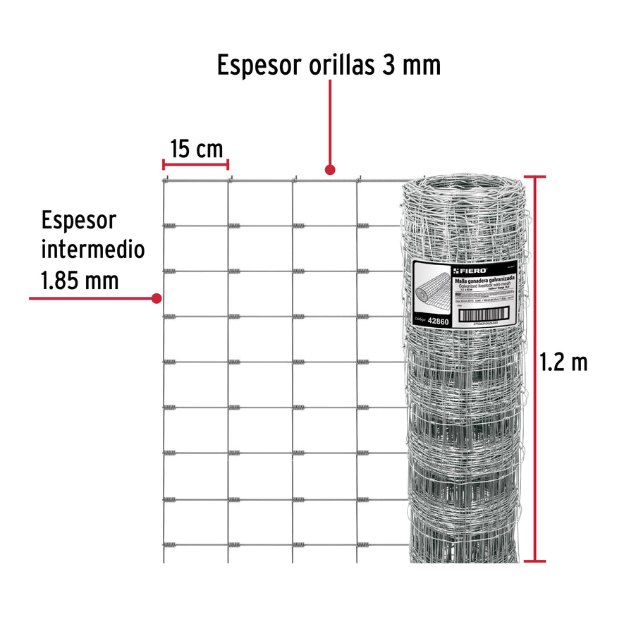 Rollo malla borreguera, 1.2m x 50m acero galvanizado, 26kg, 42860