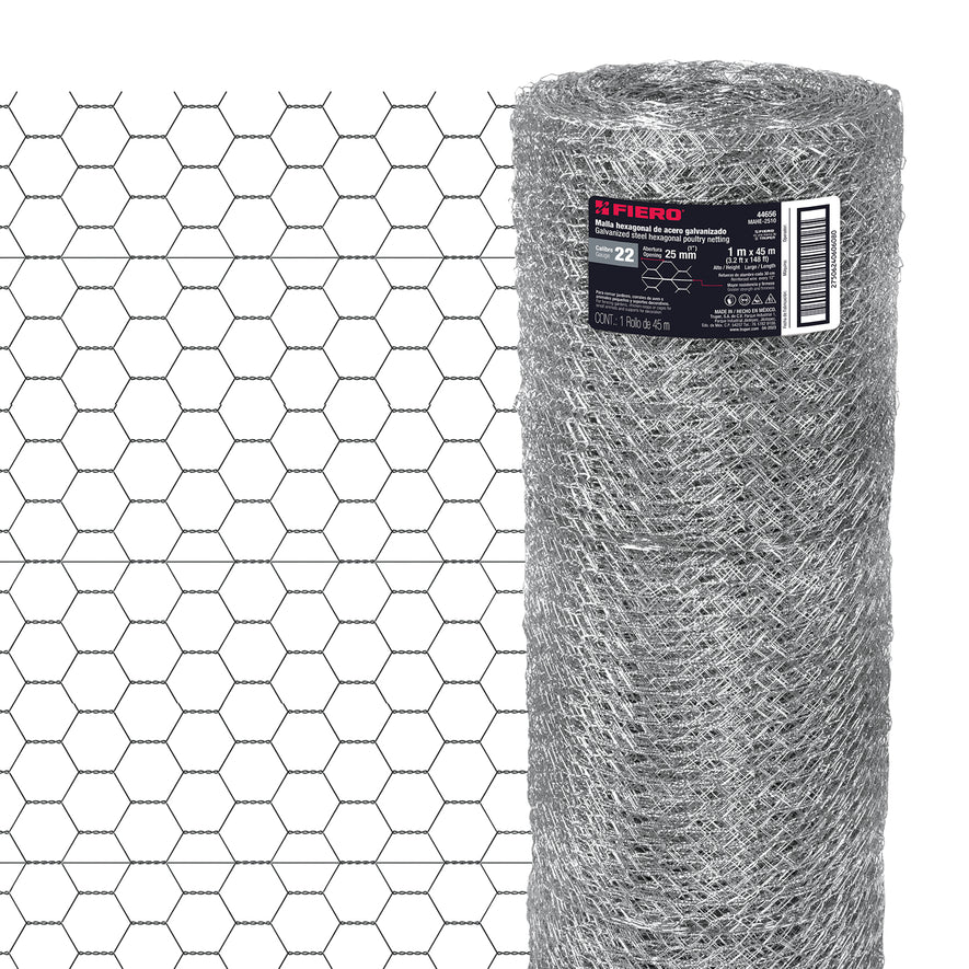 Rollo malla hexagonal cal.22, 1x 45m, abertura 25mm, 13kg, 44656
