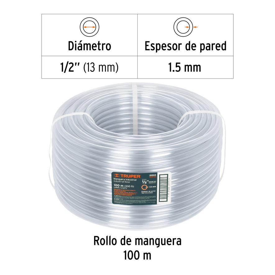 Metro de manguera 1/2' industrial en rollo de 100 m, Truper Caja con 100, 19868