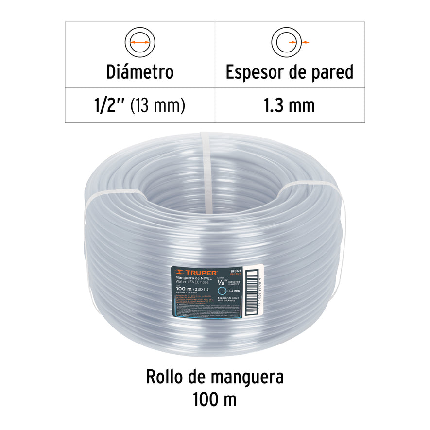 Metro de manguera 1/2' de nivel en rollo de 100 m, Truper Caja con 100, 19863