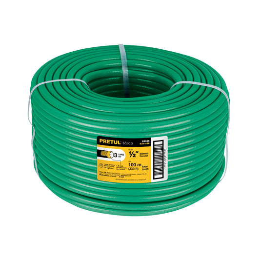 Metro de manguera 1/2' 3 capas en rollo de 100 m, PRETUL Caja con 100, 25035