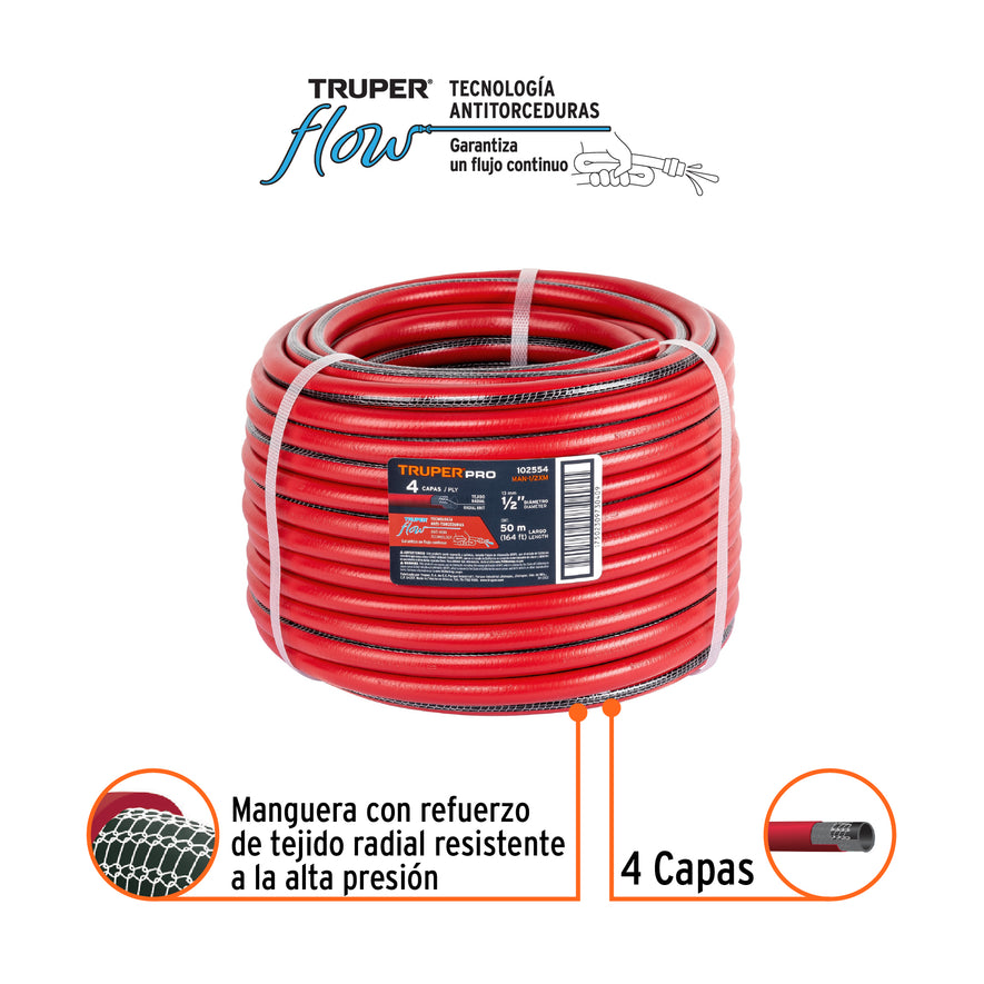 Metro de manguera 1/2' 4 capas en rollo de 50 m, Truper Caja con 50, 102554
