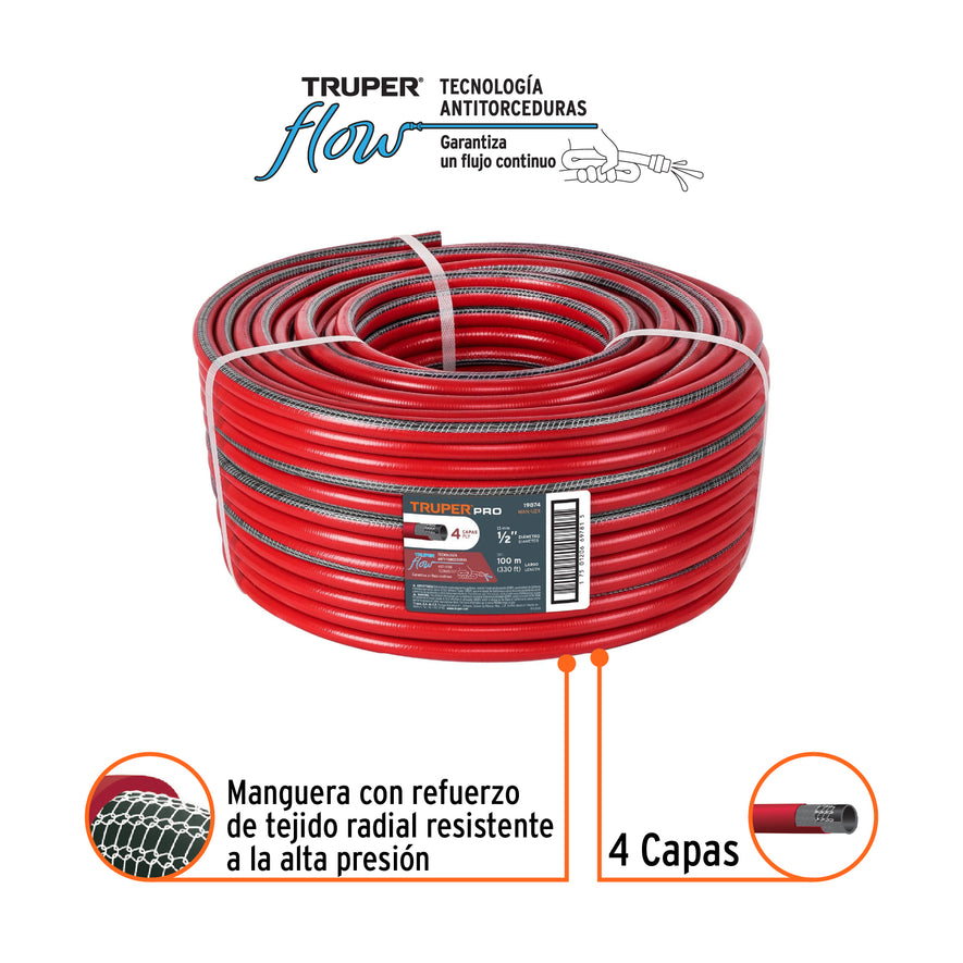 Metro de manguera 1/2' 4 capas en rollo de 100 m, Truper Caja con 100, 19874
