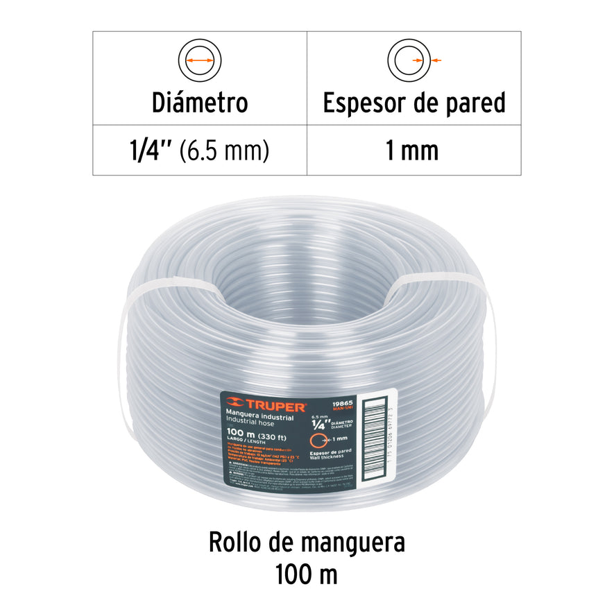 Metro de manguera 1/4' industrial en rollo de 100 m, Truper Caja con 100, 19865