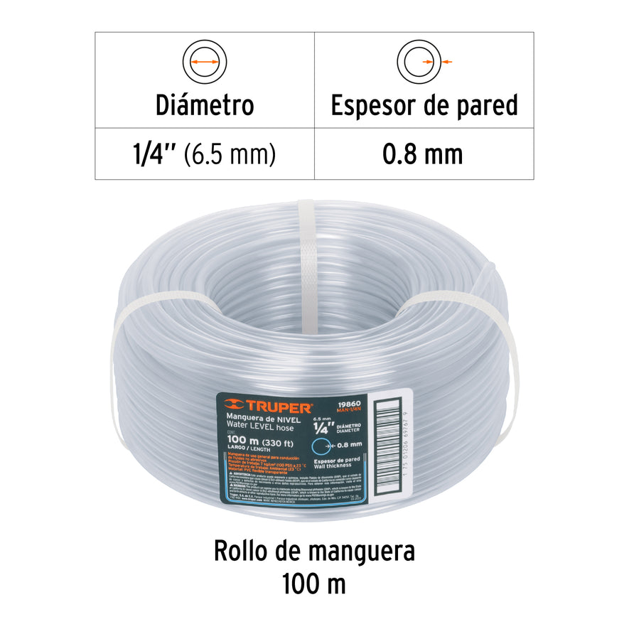 Metro de manguera 1/4' de nivel en rollo de 100 m, Truper Caja con 100, 19860