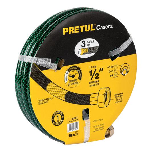 Manguera 1/2' reforzada 3 capas conexiones metal 10m, Pretul Caja con 6, 20657