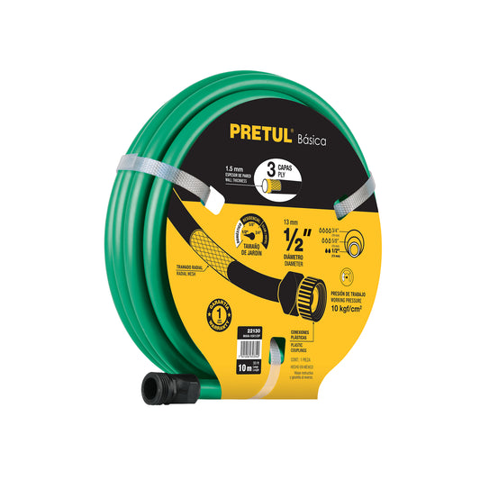 Manguera verde 1/2' 3 capas 10m conexiones plásticas, PRETUL Caja con 8, 22130
