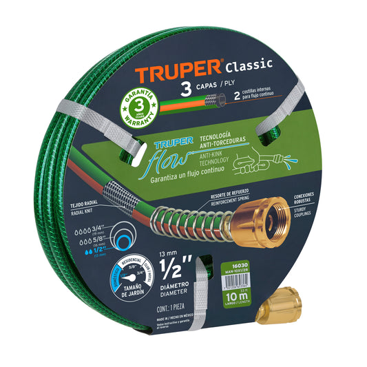 Manguera 1/2' reforzada 3 capas 10 m conexiones de metal Caja con 5, 16030