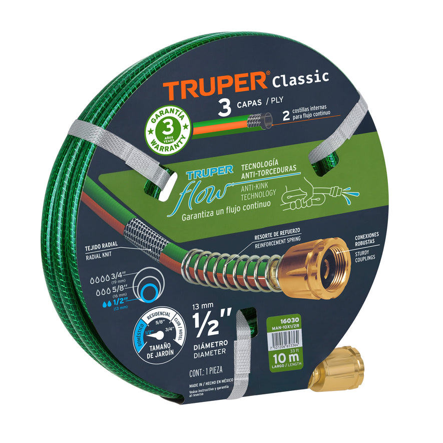 Manguera 1/2' reforzada 3 capas 10 m conexiones de metal Caja con 5, 16030