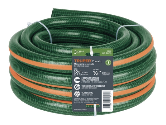 Manguera de jardín 1', 3 capas, 10m, sin conexiones, TRUPER Caja con 5, 103952