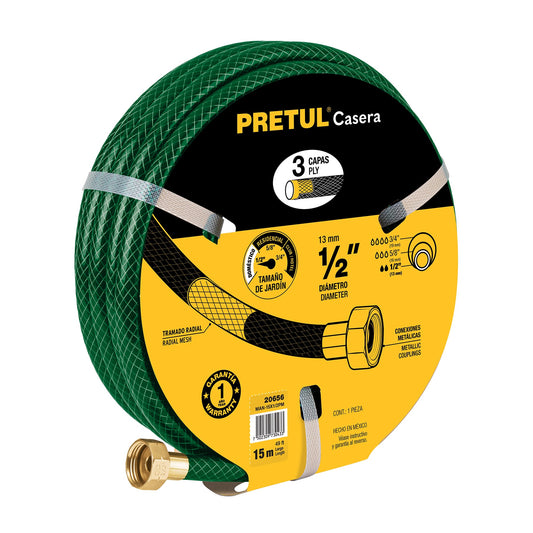 Manguera 1/2' reforzada 3 capas conexiones metal 15m, Pretul Caja con 6, 20656