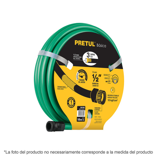 Manguera verde 1/2' 3 capas 15m conexiones plásticas, PRETUL Caja con 6, 22132