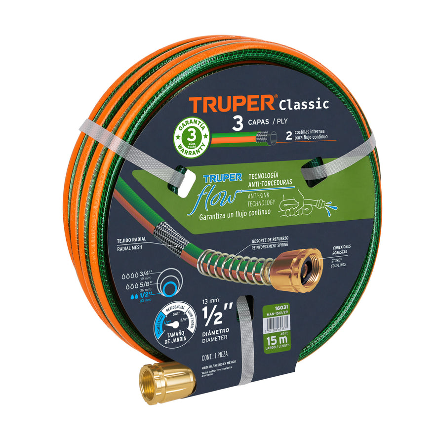 Manguera 1/2' reforzada 3 capas 15 m conexiones de metal Caja con 5, 16031