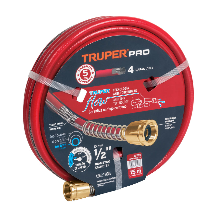 Manguera 1/2' super reforzada 4 capas 15 m conexiones metal Caja con 5, 19791