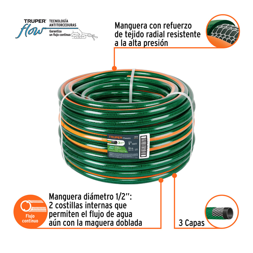 Metro de manguera 1' 3 capas en rollo de 50 m, Truper Caja con 50, 19875