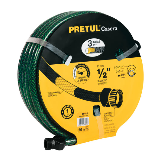 Manguera 1/2' reforzada 3 capas 20m conexiones plást, Pretul Caja con 6, 25018