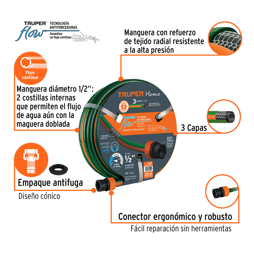Manguera 1/2'reforzada 3 capas 20 m conexiones plásticas Caja con 5, 16052
