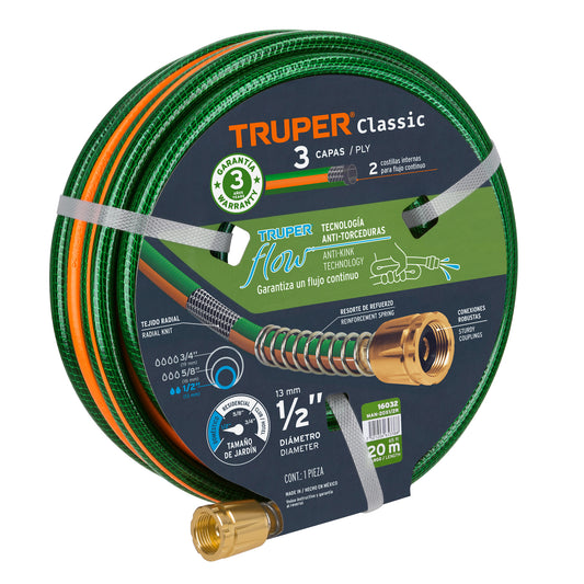 Manguera 1/2' reforzada 3 capas 20 m conexiones de metal Caja con 5, 16032