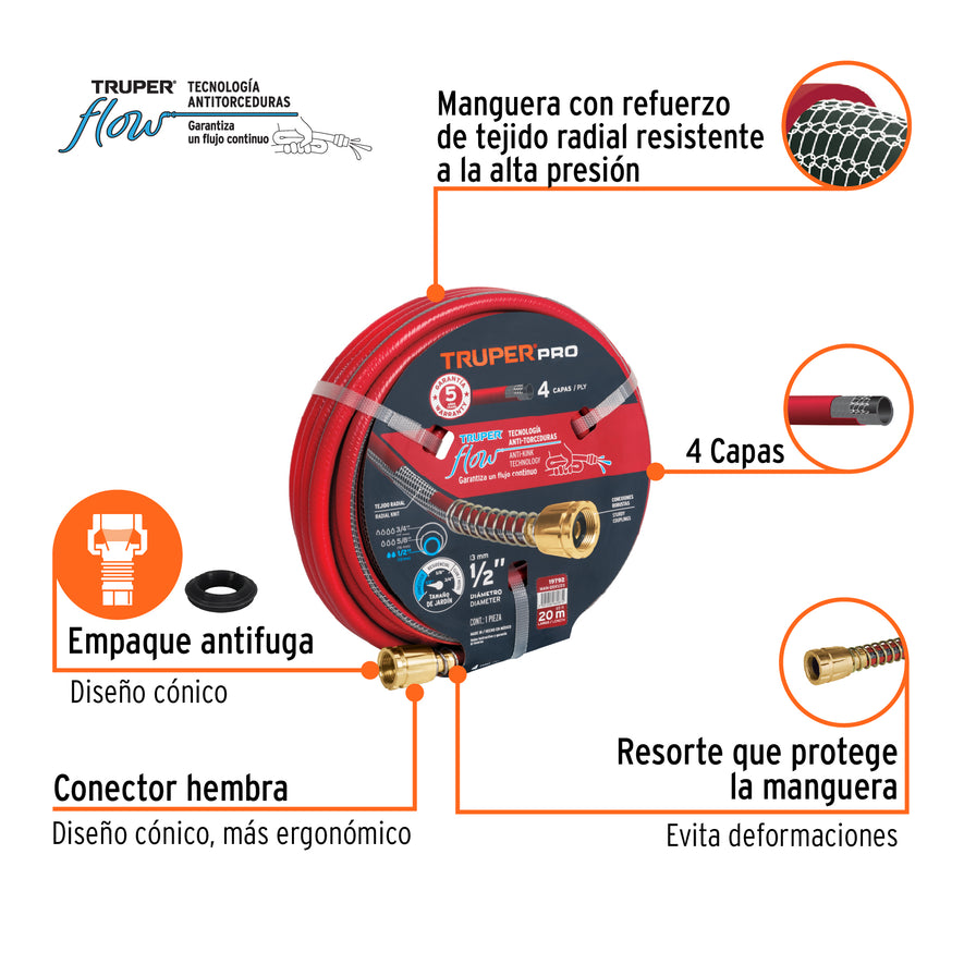 Manguera 1/2' super reforzada 4 capas 20 m conexiones metal Caja con 5, 19792