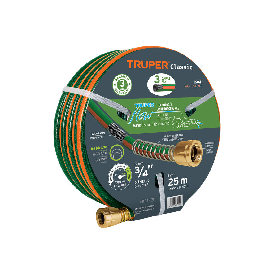 Manguera 3/4' reforzada 3 capas conexiones de metal 25 m, 16041