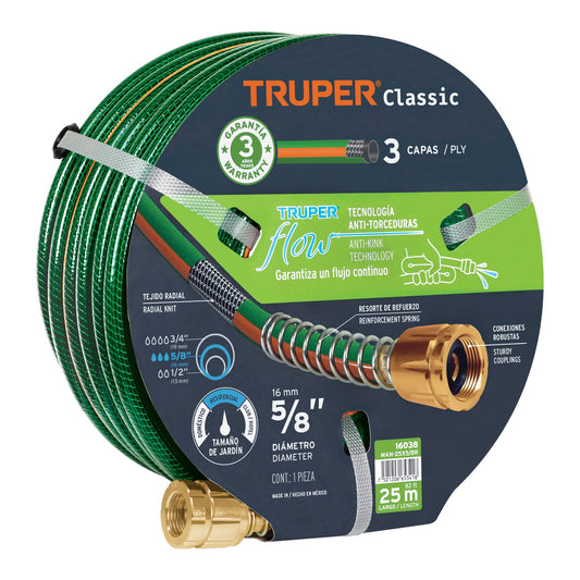 Manguera 5/8' reforzada 3 capas 25 m conexiones de metal Caja con 5, 16038