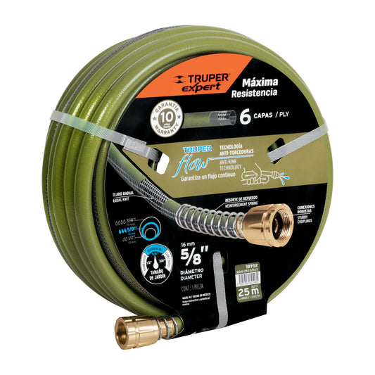 Manguera 5/8' anti-torceduras 6 capas 25m conexiones d/metal, 19702