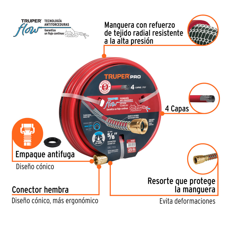 Manguera 5/8' super reforzada 4 capas 25 m conexiones metal, 16039