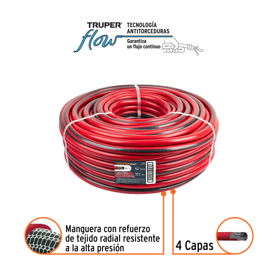 Metro de manguera 3/4' 4 capas en rollo de 100 m, Truper Caja con 100, 11127