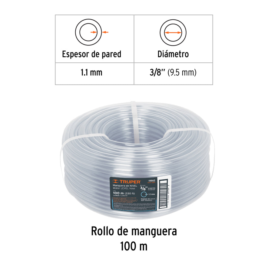 Metro de manguera 3/8' de nivel en rollo de 100 m, Truper Caja con 100, 19862