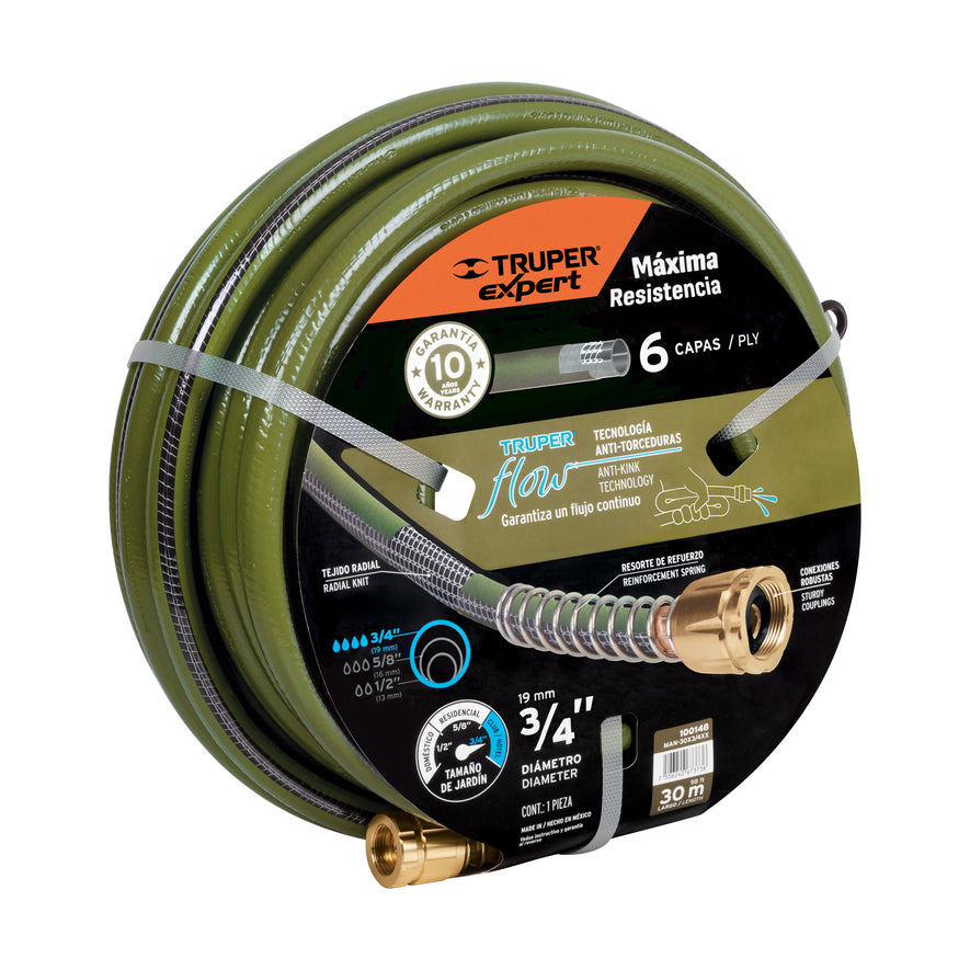 Manguera 3/4' anti-torceduras 6 capas 30m conexiones d/metal, 100148