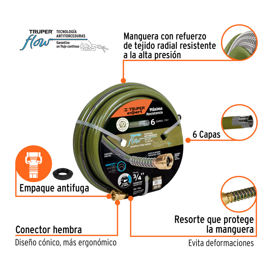 Manguera 3/4' anti-torceduras 6 capas 30m conexiones d/metal, 100148