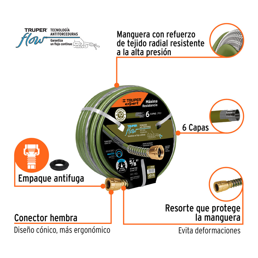 Manguera 5/8' anti-torceduras 6 capas 30m conexiones d/metal, 19744