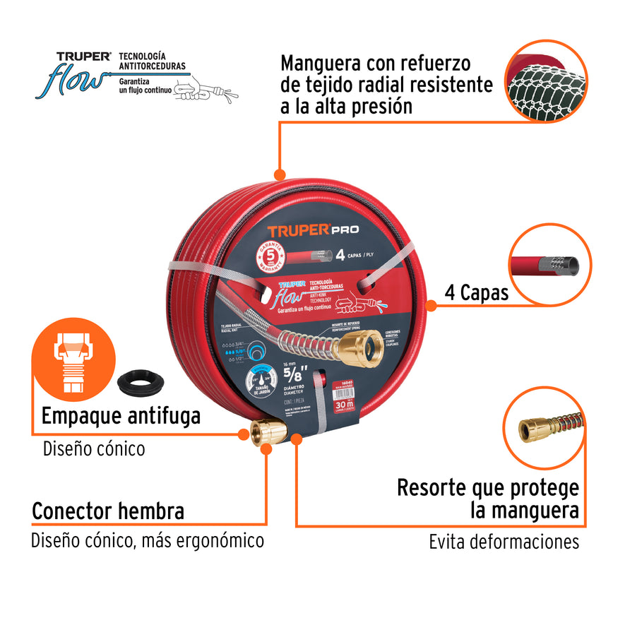 Manguera 5/8' super reforzada 4 capas 30 m conexiones metal, 16040