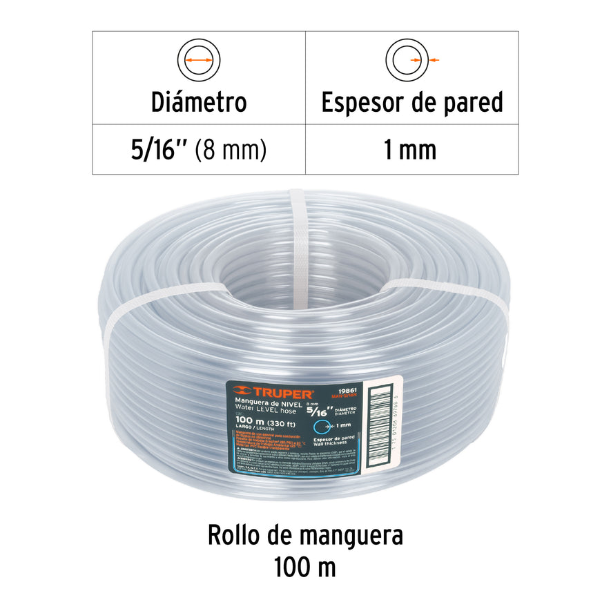 Metro de manguera 5/16' de nivel en rollo de 100 m, Truper Caja con 100, 19861