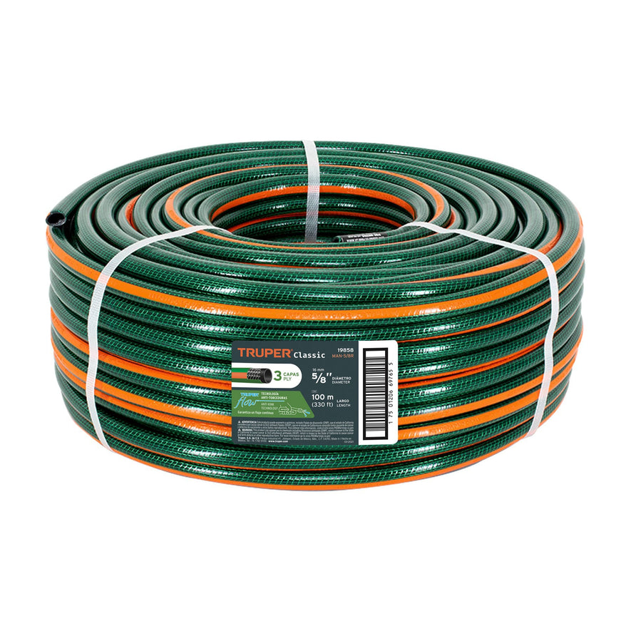 Metro de manguera 5/8' 3 capas en rollo de 100 m, Truper Caja con 100, 19858