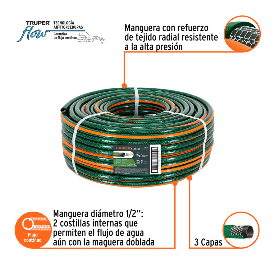 Metro de manguera 5/8' 3 capas en rollo de 100 m, Truper Caja con 100, 19858