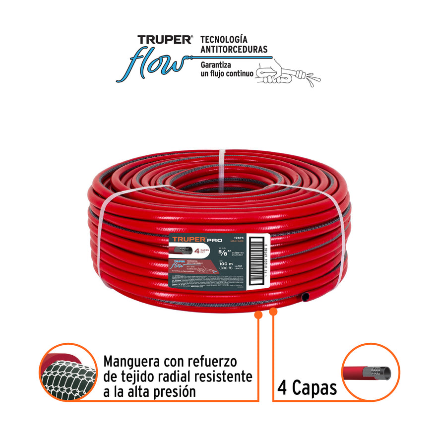 Metro de manguera 5/8' 4 capas en rollo de 100 m, Truper Caja con 100, 19873