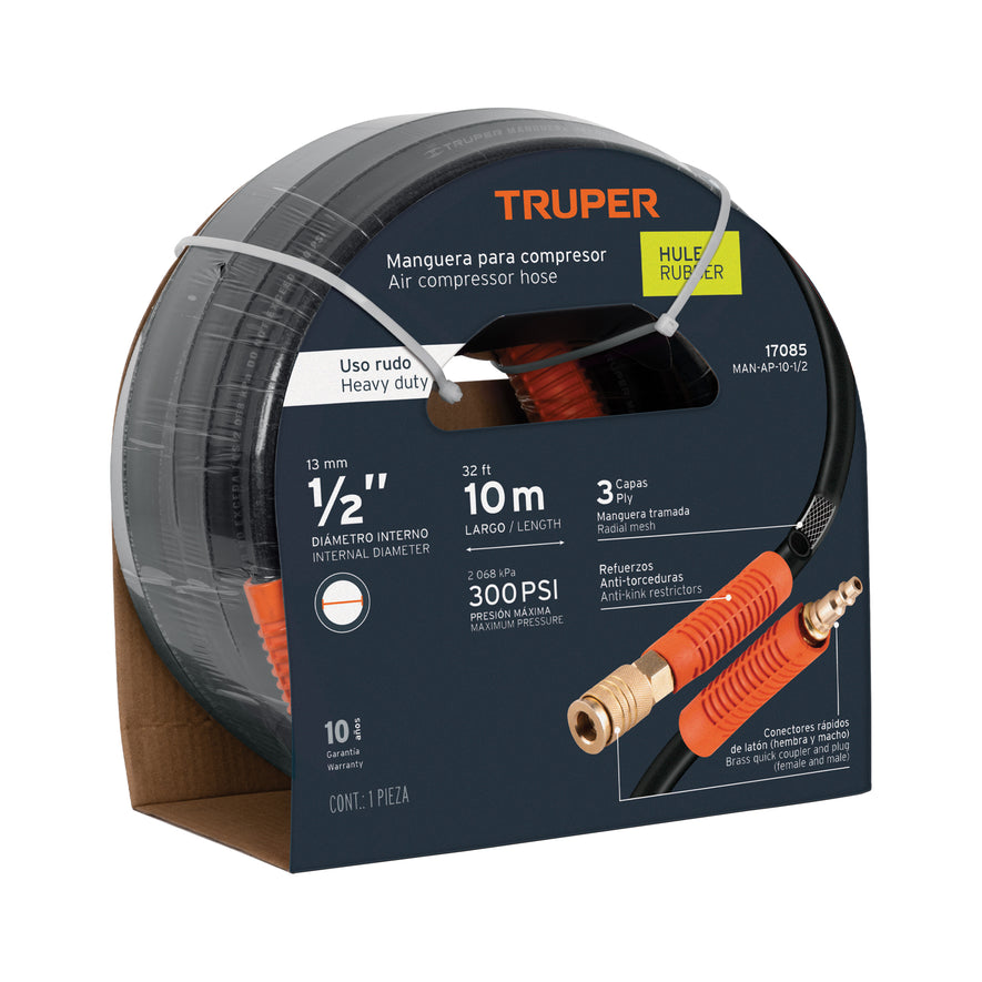 Manguera para compresor, de hule, 10m x 1/2', Truper, 17085