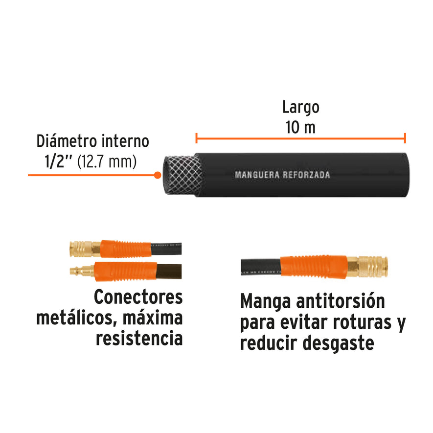 Manguera para compresor, de hule, 10m x 1/2', Truper, 17085
